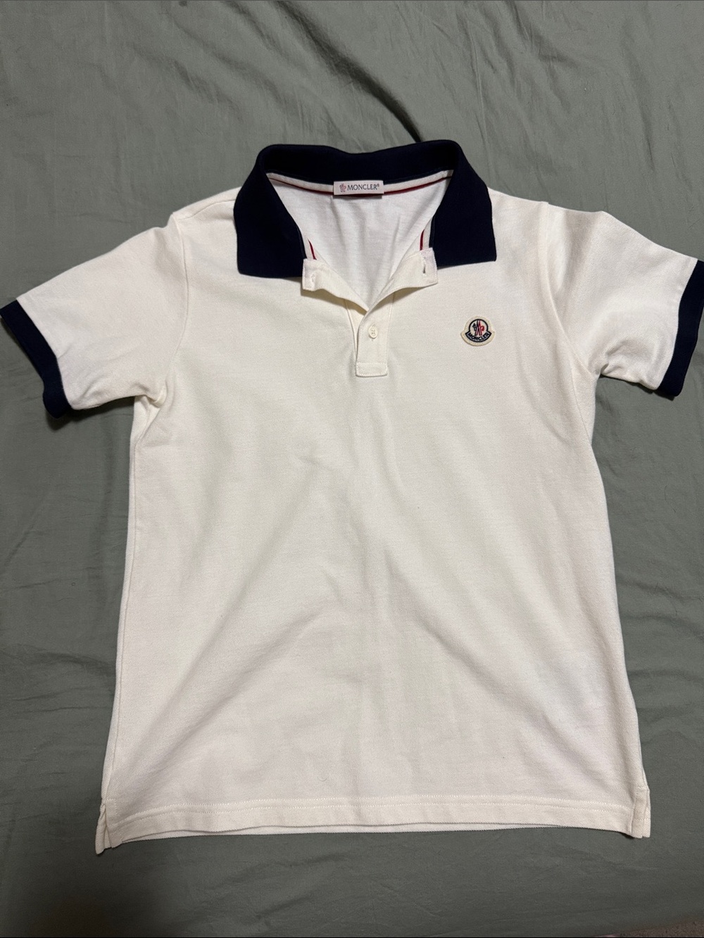Moncler Kids Cream Polo with Navy Collar and Sleeve Trim